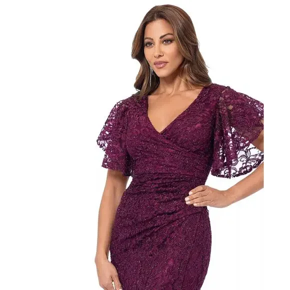 Besty & Adam Women's Eyelash-Lace Flutter-Sleeve Long Dress Size 8 NWT